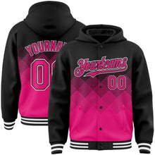 Load image into Gallery viewer, Custom Black Hot Pink-White Gradient Square Shape 3D Pattern Design Bomber Full-Snap Varsity Letterman Hoodie Jacket