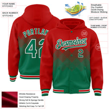 Load image into Gallery viewer, Custom Red Kelly Green-White Gradient Square Shape 3D Pattern Design Bomber Full-Snap Varsity Letterman Hoodie Jacket