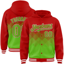 Load image into Gallery viewer, Custom Red Aurora Green-White Gradient Square Shape 3D Pattern Design Bomber Full-Snap Varsity Letterman Hoodie Jacket
