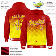Load image into Gallery viewer, Custom Red Light Yellow-White Gradient Square Shape 3D Pattern Design Bomber Full-Snap Varsity Letterman Hoodie Jacket
