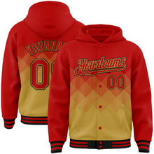 Load image into Gallery viewer, Custom Red Old Gold-Black Gradient Square Shape 3D Pattern Design Bomber Full-Snap Varsity Letterman Hoodie Jacket