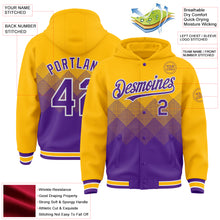 Load image into Gallery viewer, Custom Gold Purple-White Gradient Square Shape 3D Pattern Design Bomber Full-Snap Varsity Letterman Hoodie Jacket