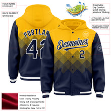 Load image into Gallery viewer, Custom Gold Navy-White Gradient Square Shape 3D Pattern Design Bomber Full-Snap Varsity Letterman Hoodie Jacket