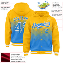 Load image into Gallery viewer, Custom Gold Powder Blue-White Gradient Square Shape 3D Pattern Design Bomber Full-Snap Varsity Letterman Hoodie Jacket