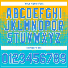 Load image into Gallery viewer, Custom Gold Powder Blue-White Gradient Square Shape 3D Pattern Design Bomber Full-Snap Varsity Letterman Hoodie Jacket