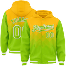 Load image into Gallery viewer, Custom Gold Neon Green-White Gradient Square Shape 3D Pattern Design Bomber Full-Snap Varsity Letterman Hoodie Jacket
