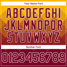 Load image into Gallery viewer, Custom Gold Maroon-White Gradient Square Shape 3D Pattern Design Bomber Full-Snap Varsity Letterman Hoodie Jacket