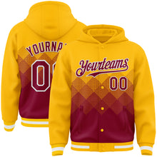 Load image into Gallery viewer, Custom Gold Maroon-White Gradient Square Shape 3D Pattern Design Bomber Full-Snap Varsity Letterman Hoodie Jacket