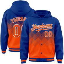 Load image into Gallery viewer, Custom Royal Orange-White Gradient Square Shape 3D Pattern Design Bomber Full-Snap Varsity Letterman Hoodie Jacket