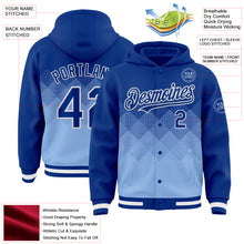 Load image into Gallery viewer, Custom Royal Light Blue-White Gradient Square Shape 3D Pattern Design Bomber Full-Snap Varsity Letterman Hoodie Jacket