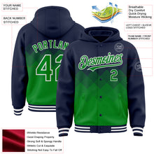 Load image into Gallery viewer, Custom Navy Grass Green-White Gradient Square Shape 3D Pattern Design Bomber Full-Snap Varsity Letterman Hoodie Jacket