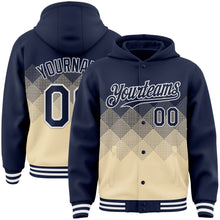 Load image into Gallery viewer, Custom Navy Cream-White Gradient Square Shape 3D Pattern Design Bomber Full-Snap Varsity Letterman Hoodie Jacket