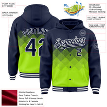 Load image into Gallery viewer, Custom Navy Neon Green-White Gradient Square Shape 3D Pattern Design Bomber Full-Snap Varsity Letterman Hoodie Jacket