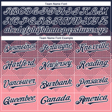 Load image into Gallery viewer, Custom Navy Medium Pink-White Gradient Square Shape 3D Pattern Design Bomber Full-Snap Varsity Letterman Hoodie Jacket