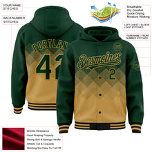 Load image into Gallery viewer, Custom Green Old Gold-Black Gradient Square Shape 3D Pattern Design Bomber Full-Snap Varsity Letterman Hoodie Jacket