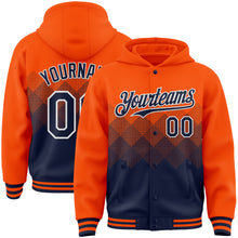 Load image into Gallery viewer, Custom Orange Navy-White Gradient Square Shape 3D Pattern Design Bomber Full-Snap Varsity Letterman Hoodie Jacket
