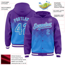 Load image into Gallery viewer, Custom Purple Powder Blue-White Gradient Square Shape 3D Pattern Design Bomber Full-Snap Varsity Letterman Hoodie Jacket