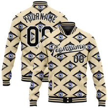 Load image into Gallery viewer, Custom Cream Black-White Evil Eyes 3D Pattern Design Bomber Full-Snap Varsity Letterman Jacket