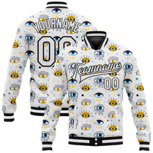 Load image into Gallery viewer, Custom White Black Evil Eyes 3D Pattern Design Bomber Full-Snap Varsity Letterman Jacket
