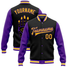 Load image into Gallery viewer, Custom Black Gold-Purple Evil Eyes 3D Pattern Design Bomber Full-Snap Varsity Letterman Jacket