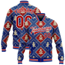 Load image into Gallery viewer, Custom Royal Red-White Christmas 3D Bomber Full-Snap Varsity Letterman Jacket
