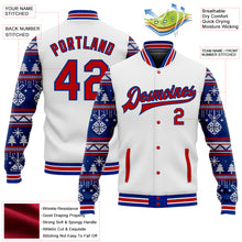 Load image into Gallery viewer, Custom White Red-Royal Christmas 3D Bomber Full-Snap Varsity Letterman Jacket