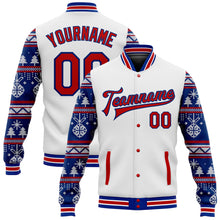 Load image into Gallery viewer, Custom White Red-Royal Christmas 3D Bomber Full-Snap Varsity Letterman Jacket