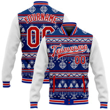 Load image into Gallery viewer, Custom Royal Red-White Christmas 3D Bomber Full-Snap Varsity Letterman Jacket