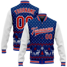 Load image into Gallery viewer, Custom Royal Red-White Christmas 3D Bomber Full-Snap Varsity Letterman Jacket