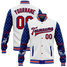 Load image into Gallery viewer, Custom White Red-Royal Christmas 3D Bomber Full-Snap Varsity Letterman Jacket