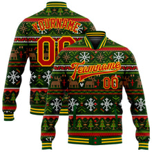 Load image into Gallery viewer, Custom Green Red-Gold Christmas 3D Bomber Full-Snap Varsity Letterman Jacket