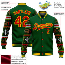 Load image into Gallery viewer, Custom Green Red-Gold Christmas 3D Bomber Full-Snap Varsity Letterman Jacket