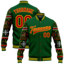 Load image into Gallery viewer, Custom Green Red-Gold Christmas 3D Bomber Full-Snap Varsity Letterman Jacket