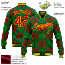 Load image into Gallery viewer, Custom Green Red-Gold Christmas 3D Bomber Full-Snap Varsity Letterman Jacket