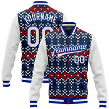 Load image into Gallery viewer, Custom Navy White-Royal Christmas 3D Bomber Full-Snap Varsity Letterman Jacket