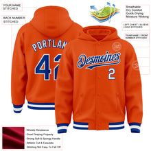 Load image into Gallery viewer, Custom Orange Royal-White Bomber Full-Snap Varsity Letterman Hoodie Jacket