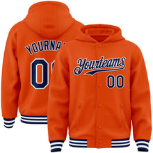 Load image into Gallery viewer, Custom Orange Navy-White Bomber Full-Snap Varsity Letterman Hoodie Jacket