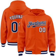 Load image into Gallery viewer, Custom Orange Navy-White Bomber Full-Snap Varsity Letterman Hoodie Jacket
