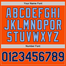 Load image into Gallery viewer, Custom Orange Navy-Light Blue Bomber Full-Snap Varsity Letterman Hoodie Jacket