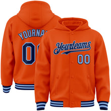 Load image into Gallery viewer, Custom Orange Navy-Light Blue Bomber Full-Snap Varsity Letterman Hoodie Jacket
