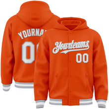 Load image into Gallery viewer, Custom Orange White-Gray Bomber Full-Snap Varsity Letterman Hoodie Jacket