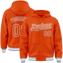 Load image into Gallery viewer, Custom Orange White-Gray Bomber Full-Snap Varsity Letterman Hoodie Jacket