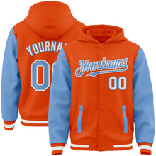 Load image into Gallery viewer, Custom Orange Light Blue-White Bomber Full-Snap Varsity Letterman Two Tone Hoodie Jacket