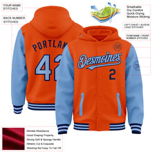 Load image into Gallery viewer, Custom Orange Light Blue-Navy Bomber Full-Snap Varsity Letterman Two Tone Hoodie Jacket