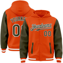 Load image into Gallery viewer, Custom Orange Olive-White Bomber Full-Snap Varsity Letterman Two Tone Hoodie Jacket