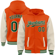 Load image into Gallery viewer, Custom Orange Green-Cream Bomber Full-Snap Varsity Letterman Two Tone Hoodie Jacket