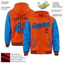 Load image into Gallery viewer, Custom Orange Powder Blue-Navy Bomber Full-Snap Varsity Letterman Two Tone Hoodie Jacket