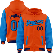 Load image into Gallery viewer, Custom Orange Powder Blue-Navy Bomber Full-Snap Varsity Letterman Two Tone Hoodie Jacket