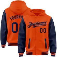 Load image into Gallery viewer, Custom Orange Navy Bomber Full-Snap Varsity Letterman Two Tone Hoodie Jacket