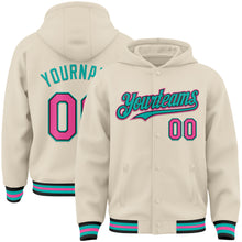 Load image into Gallery viewer, Custom Cream Pink Black-Aqua Bomber Full-Snap Varsity Letterman Hoodie Jacket